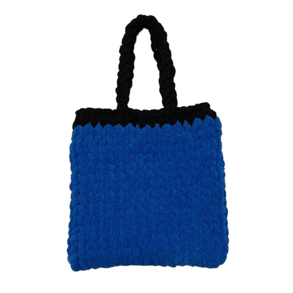 Handmade Bright Cobalt Blue Black Colorblock Chunky Chenille Knit Tote Bag Purse